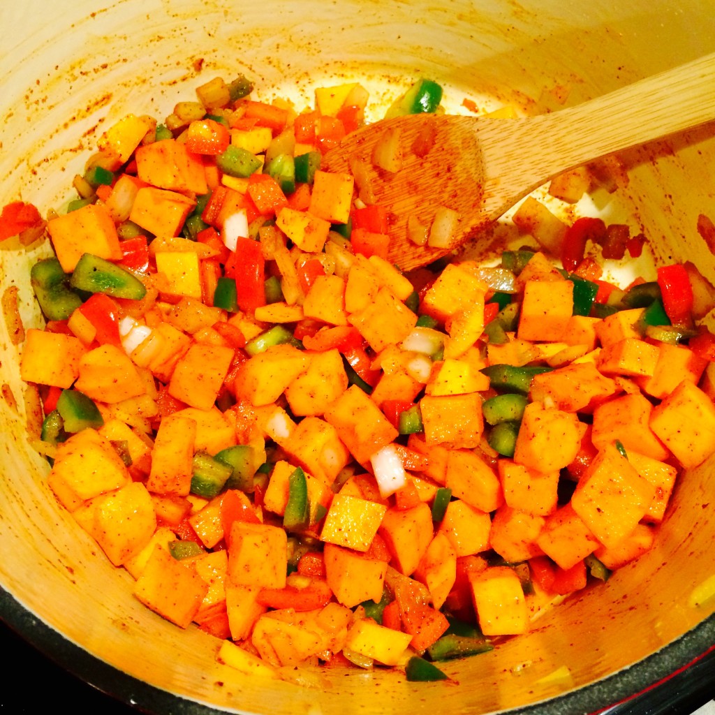 bell peppers squash and onion in pot